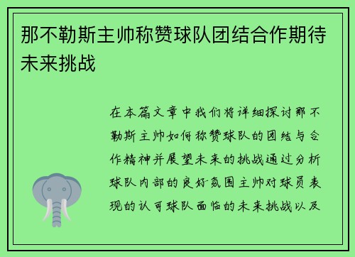 那不勒斯主帅称赞球队团结合作期待未来挑战