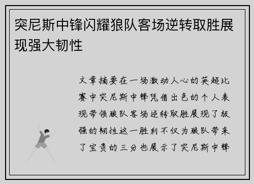 突尼斯中锋闪耀狼队客场逆转取胜展现强大韧性