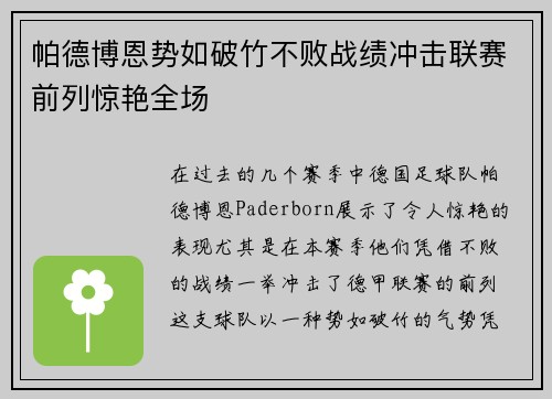 帕德博恩势如破竹不败战绩冲击联赛前列惊艳全场